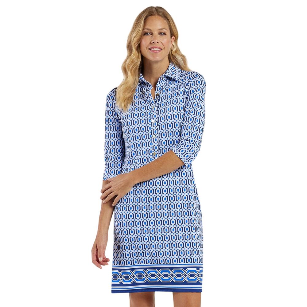 JUDE CONNALLY SUSANNA dress in terrace geo border beacon blue size XS